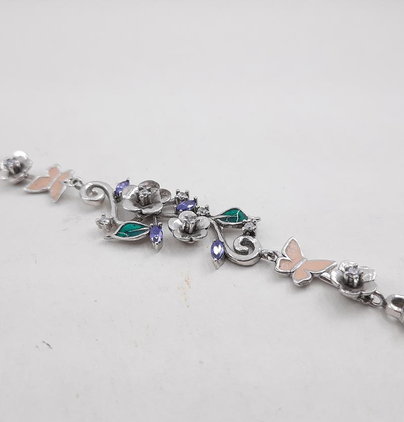 دستبند نقره گل رنگی