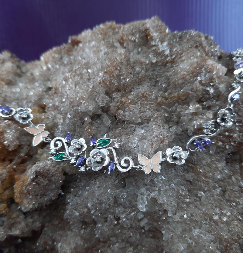 دستبند نقره گل رنگی