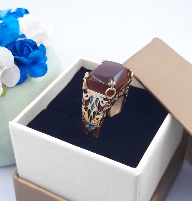 انگشتر نقره میناکاری عقیق چهارگوش